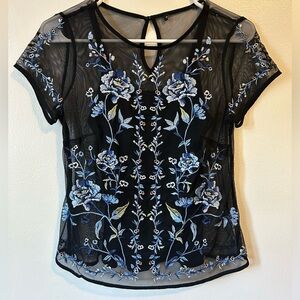 Black mesh top with blue floral pattern. Size Small